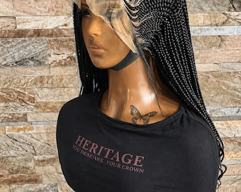 Peluca trenzada hecha a mano con trenzas africanas / Puntas rizadas, encaje frontal, estilo protector sin pegamento