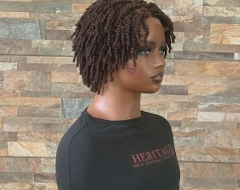 Faux Locs Bob Lace Front Wig, Dark Brown Curly Crochet Hairpiece, Short Goddess Braided Piece, Glueless Lace Front | Natural Locs Wig