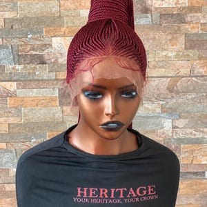 Burgundy Wig Full Lace | Wine Red Braided Wig with High Bun | Knotless Style  Wig | Bold Color Braided Wig | Fulani Inspired Cornrow Wig