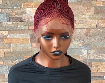 Burgundy Wig Full Lace | Wine Red Braided Wig with High Bun | Knotless Style  Wig | Bold Color Braided Wig | Fulani Inspired Cornrow Wig