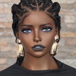 May include: A woman with dark skin and braided hair, wearing large gold earrings and a black shirt with the word "HERITAGE" printed on it. The image features dramatic makeup with dark lipstick and eyeshadow.