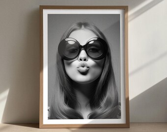 Black and White Fashion Poster – Kiss Print with Oversized Sunglasses | Bold Wall Art
