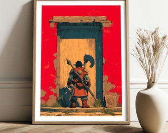 Dwarf Warrior at the Forbidden Door – Dark Fantasy Art Print | Bold Graphic Wall Poster