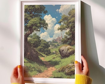 Path to the Castle – Serene Fantasy Landscape Print | Enchanted Woodland A3 Poster