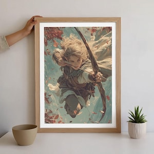 Elven Archer in Flight – Elegant Fantasy Wall Art Print | Poster of Female Elf Warrior