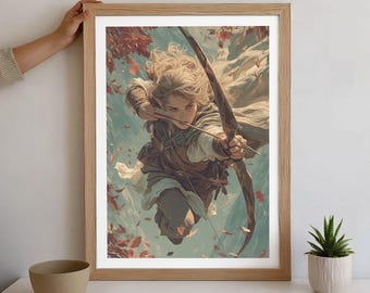 Elven Archer in Flight – Elegant Fantasy Wall Art Print | Poster of Female Elf Warrior