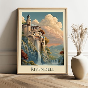 Rivendell Travel Poster – Tolkien Travel Style Fantasy Print | Elven Castle Wall Art