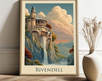 Rivendell Travel Poster – Tolkien Travel Style Fantasy Print | Elven Castle Wall Art