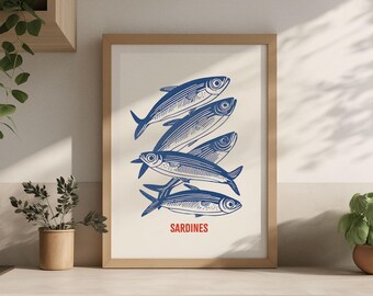 Sardines - Nautical Fish Kitchen Print | Bold Blue & Red Poster