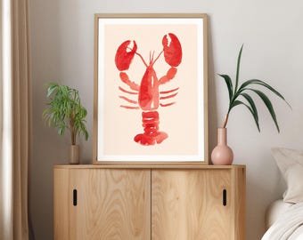 Red Lobster Watercolor Print – Coastal Kitchen Wall Art | Nautical Poster | Beach House Seafood Decor