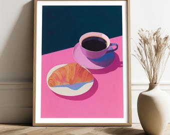Croissant & Coffee Pop Art Print: Bold Kitchen Cafe Decor