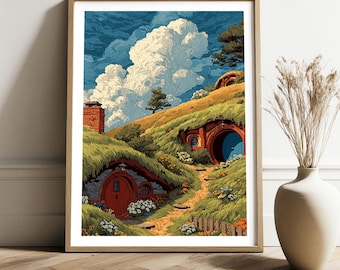 Hillside Hobbit Homes – Cozy Fantasy Shire Art Print | Hobbit Hole Poster