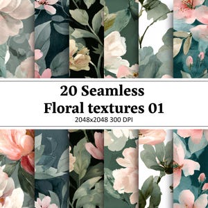 Può includere: Una collezione di 20 texture floreali senza cuciture in stile acquerello. I disegni presentano fiori rosa e bianchi con foglie verdi su uno sfondo verde acqua scuro. Il testo "20 Seamless Floral textures 01" è visualizzato.