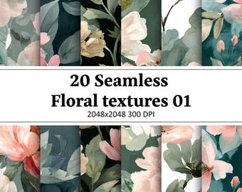 20 Seamless Floral Textures 01, 2048x2048 300 DPI (Digital Download)