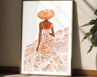 Minimalist Fashion Illustration: Woman in Striped Dress & Sun Hat