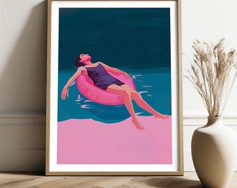 Floating Woman Pop Art Print – Bold Summer Pool Poster | Modern Wall Art