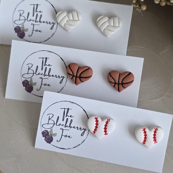 Sport Heart Stud Earrings | Baseball, Basketball, Volleyball | Lightweight Polymer Clay Push Back Posts