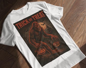 Może przedstawiać: Biała koszulka z grafiką o tematyce Halloween. Projekt przedstawia stworzenie podobne do Wielkiej Stopy trzymające lampion z dyni, z napisem "TRICK OR TREAT" na górze. Tło przedstawia pełnię księżyca, nietoperze i upiorny las.
