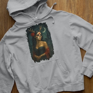 Gothic Sugar Skull Woman with Antlers Hoodie | Dark Day of the Dead Halloween Sweatshirt
