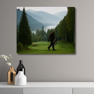 Bigfoot Golf Acrylic Wall Art | Cryptid Mountain Landscape Decor | Funny Golfer Gift for Man Cave