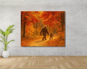 Bigfoot Family Canvas Art | Autumn Forest Cabin Decor