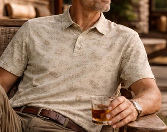 Safari Tan Bigfoot Woodland Print Polo Shirt | Men's Subtle Nature Golf Style