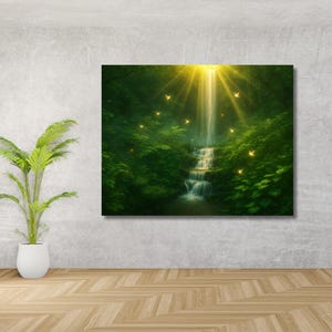 Fairy Glow Leinwand Wandkunst | Verzauberte Wasserfall-magische Waldszene | Fantasie Natur Dekor