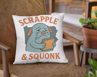 Scrapple & Squonk Pillow | Pennsylvania Folklore Throw Pillow | Funny Cryptid Home Decor for Locals