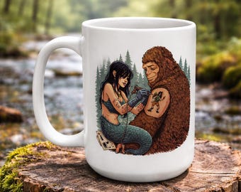 Mermaid Tattooing Sasquatch Mug | 15oz Ceramic Coffee Cup