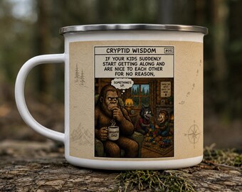 Bigfoot Camp Mug, Funny Sasquatch Coffee Mug, Cryptid Wisdom Enamel Mug, Camping Gift for Bigfoot Fans