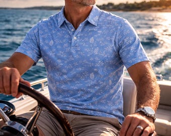 Men's Gulf Blue Polo Shirt | Subtle Bigfoot Botanical Print, Coastal Summer Style