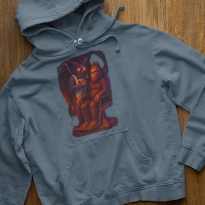 Mothman Cutting Bigfoot Hoodie | Cryptid Barber Shop Pullover for Paranormal Horror Lovers