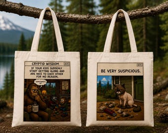 Bigfoot Tote Bag, Funny Sasquatch Canvas Tote, Cryptid Wisdom Grocery Bag, Be Very Suspicious Comic Tote, Cryptid Gift