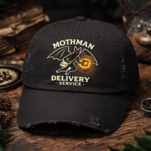 Sombrero de Mothman / Gorra desgastada de Cryptid Delivery Service / Regalo divertido de Cryptid para fanáticos del terror