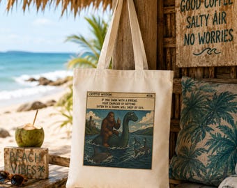Loch Ness Monster and Sasquatch Vintage Illustration Tote Bag | Nessie Sea Creature Print