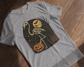 Skeleton Flamingo Halloween Shirt | Creepy Goth Flamingo with Pumpkin and Bats Under Full Moon