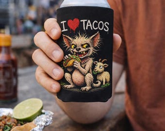 Chupacabra Taco Can Cooler | Funny Cryptid Beer Koozie | Austin Taco Lover Drink Holder