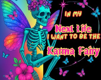 Karma Fairy Skeleton PNG – Rainbow Goth Fairy with Wings & Wand – Sublimation Design