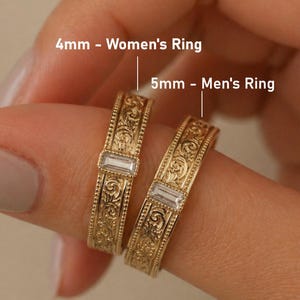 Conjunto de alianzas de boda vintage grabadas para parejas, anillos para él y para ella, anillos de oro macizo para hombre, anillos de boda baguette con diseño antiguo, anillo de promesa a juego.