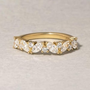 Vintage Art Deco Marquise and Round Diamond Wedding Band for Women Half Eternity Ring 14K Gold Lab Diamond Band CVD Diamond Stacking Band