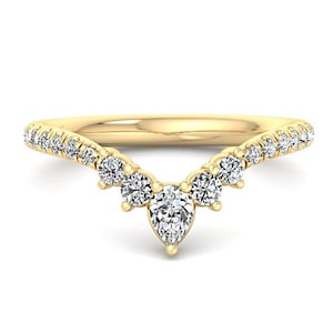 Yellow Gold Diamond Curved Wedding Band, V Shaped Chevron Ring, Antique Stackable Matching Lab Diamond Band for Women