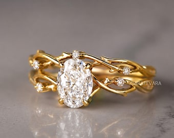 Conjunto de anillos de compromiso Art Déco vintage con moissanita de talla ovalada en oro amarillo, inspirados en la naturaleza. Conjunto de anillos de boda para mujer.