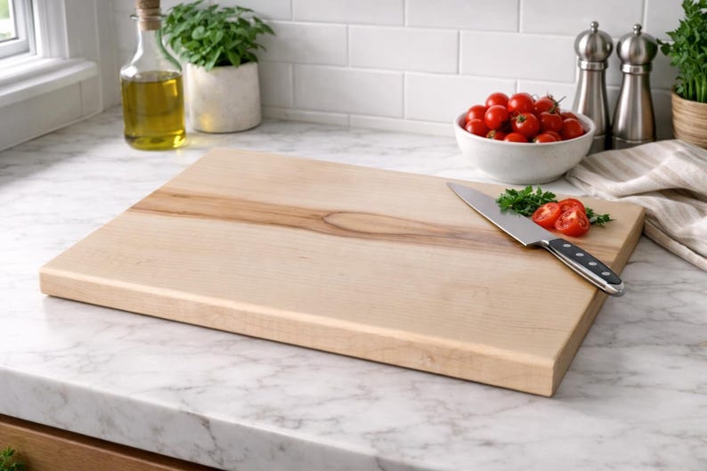 May include: A rectangular light-coloured wooden chopping board with a visible natural grain pattern. A stainless steel chef's knife with a black handle rests on the surface next to a small pile of sliced red cherry tomatoes and green herbs.