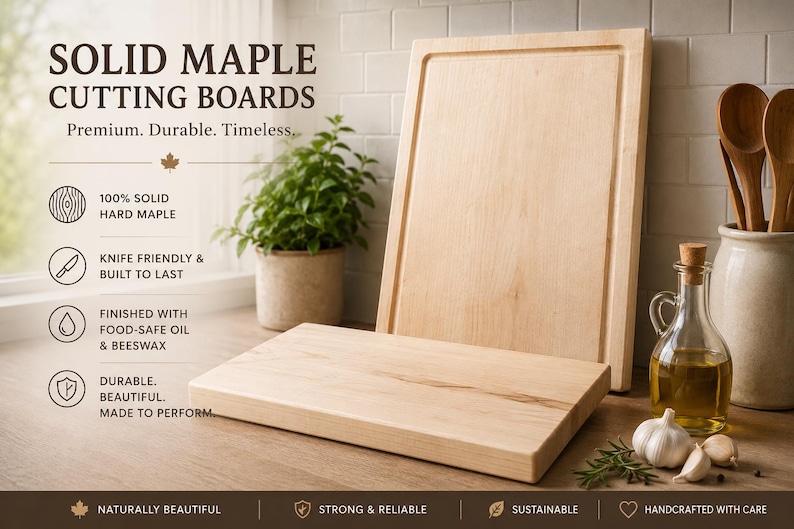 May include: Two rectangular light-coloured solid maple cutting boards, one standing upright and one lying flat. Text on the image reads: SOLID MAPLE CUTTING BOARDS, Premium. Durable. Timeless., 100% SOLID HARD MAPLE, KNIFE FRIENDLY & BUILT TO LAST.