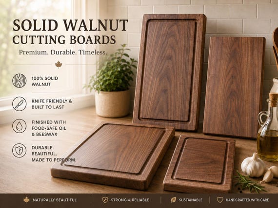 Walnut Wooden Cutting Board, Solid Wood, No Glues, No Dyes, Various Sizes.