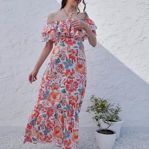 Boho Floral Maxi Dress – Off Shoulder Ruffle Summer Dress – Beach Vacation Dress – Flowy Sundress for Women