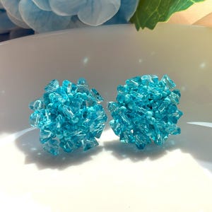 Peut inclure: Une paire de boucles d'oreilles à clous turquoise. Chaque boucle d'oreille est un amas de petites perles rondes et de plus grosses perles de cristal facettées. Les boucles d'oreilles sont posées sur un fond blanc, avec un arrangement floral flou en arrière-plan.
