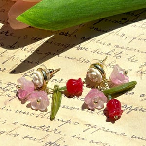 Pink Tulip Drop Earrings: Handmade Floral Resin, Gold-Plated S925 Studs