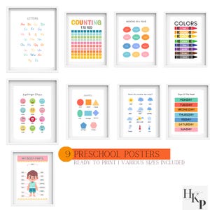 Pósteres educativos para niños pequeños en edad preescolar, juego de 9 láminas para aulas, arte Montessori para la educación en casa, decoración de salas de juegos