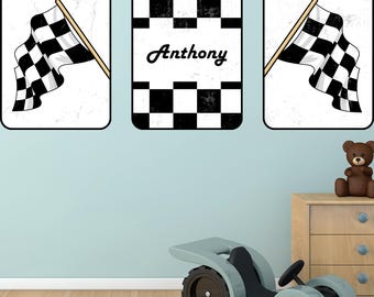 Personalized Checkered Flag Wall Art, Racing Theme Nursery, 3 Piece Set (Digital Download)